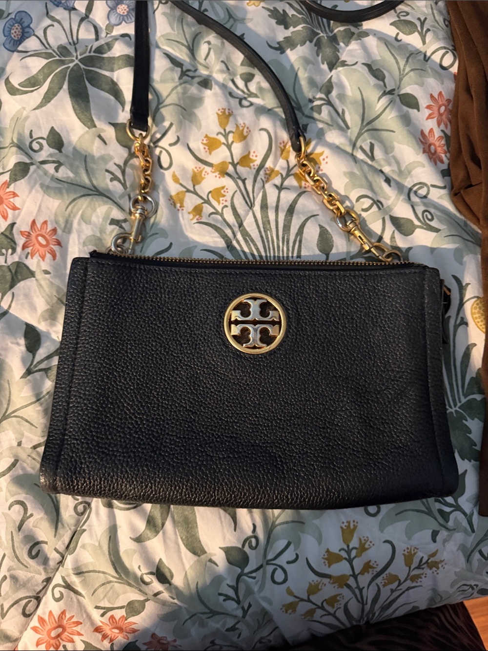 Tory Burch Black Pebbled Leather Crossbody with Gold-Tone Logo